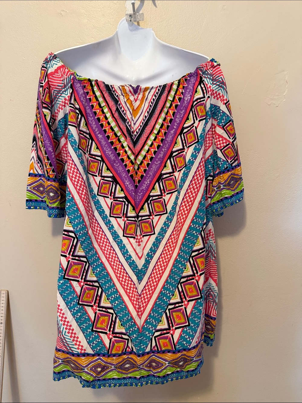 Flying Tomato Multicolor Geometric Off-Shoulder Top - Pink, Blue & Purple - Picture 2 of 2